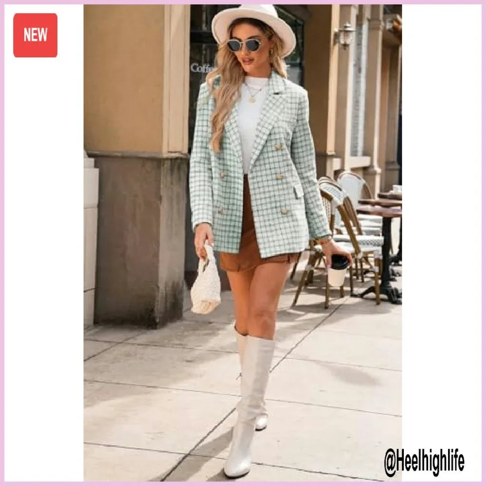 Women's Plaid Tweed Blazer Double Breasted Open Front Work Jacket - Picture 5 of 8